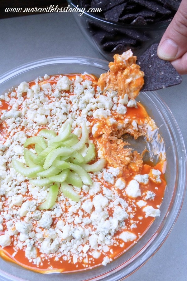 Buffalo Chicken Dip with finished photo of dip and a tortilla chip