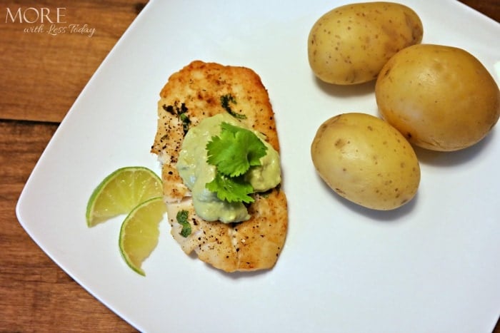 one serving of Broiled Alaskan Rockfish with Avocado Lime Sauce and white potatoes