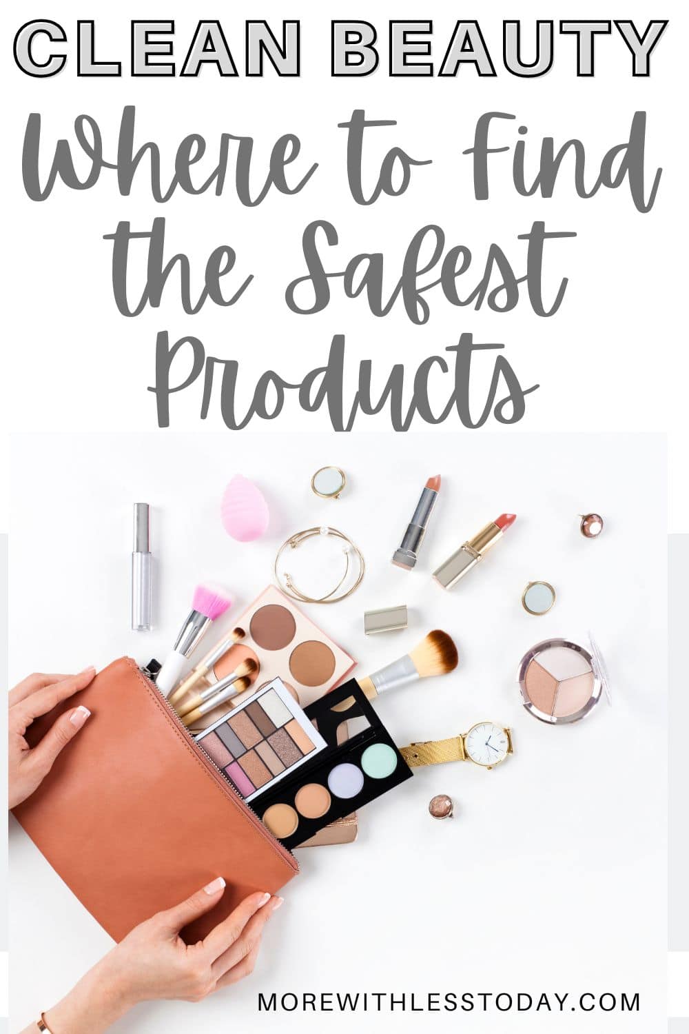 cosmetics in a brown bag and a headline about where to find clean beauty products