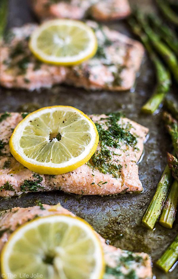 20 Minute Sheet Pan Lemon Dill Salmon and Asparagus from The Life of Jolie