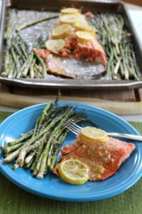 One Pan Lemon Garlic Salmon & Parmesan Asparagus from Saving You Dinero