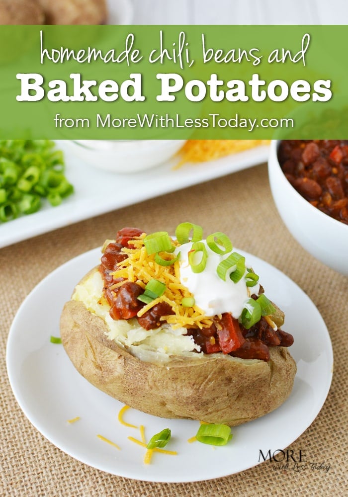 Fill them up with this Chili, Beans, and Baked Potato Recipe. It is inexpensive and everyone can top their own! Canned beans are a great pantry staple.illing!