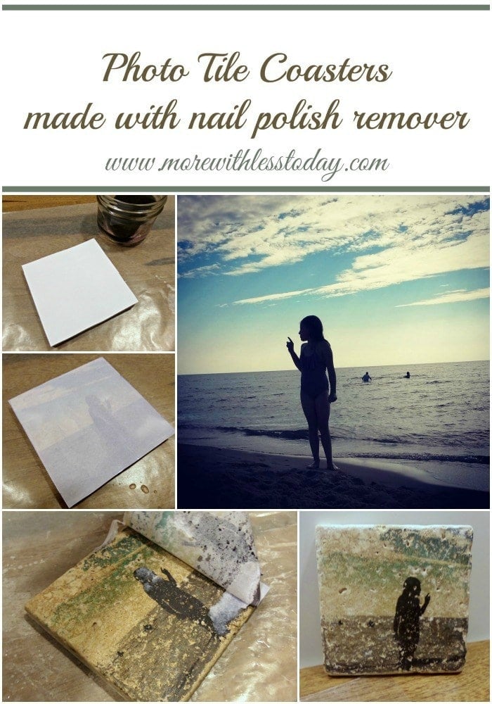 collage of steps to make photo tile coasters with nail polish remover