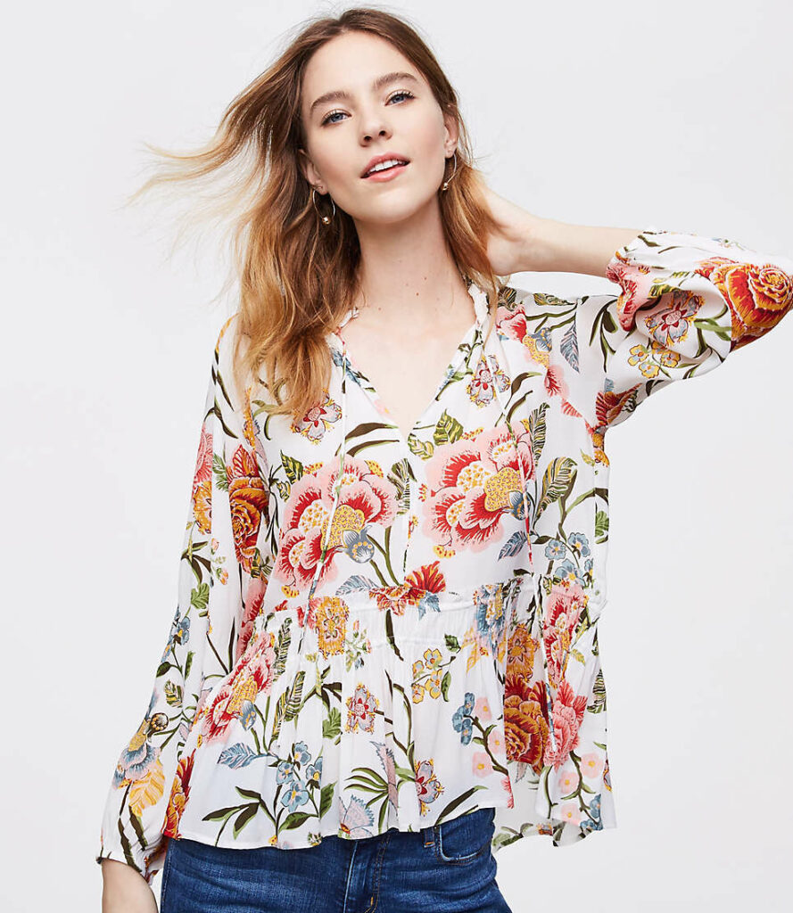 Poppy Bloom Smocked Tie Neck Blouse The LOFT