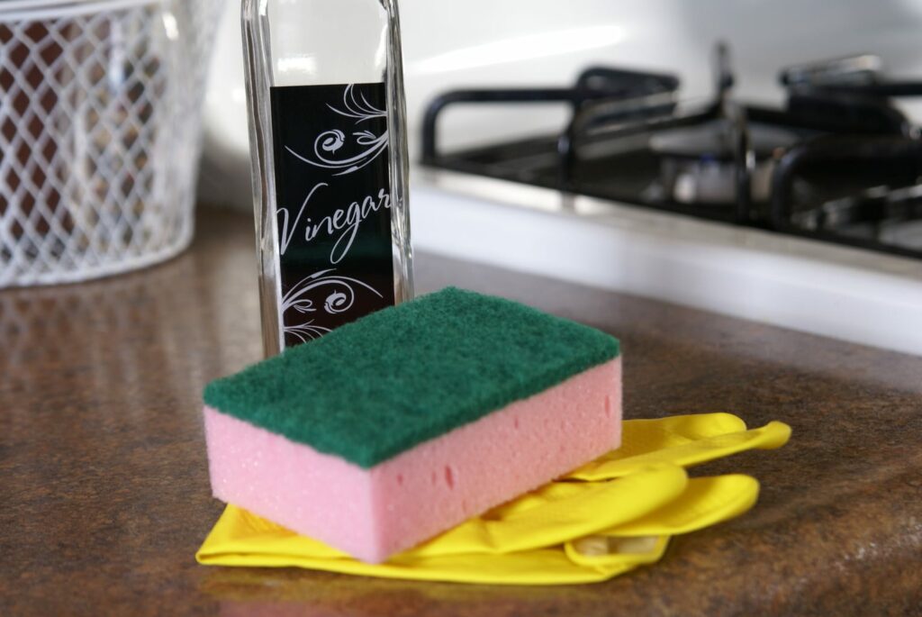 photo of vinegar with sponge and rubber glove