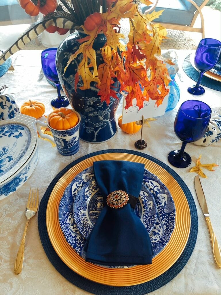 blue Spode dishes table setting for my Thanksgiving Dinner Delivery Review