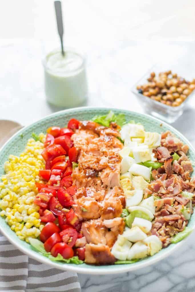 BBQ Salmon Cobb Salad w/ Avocado Dressingrecipe by Strawberry Blondie Kitchen