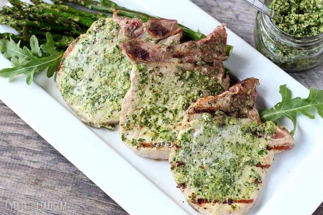 Arugula Pesto Rubbed Grilled Pork Chops - By Lydia Out Loud