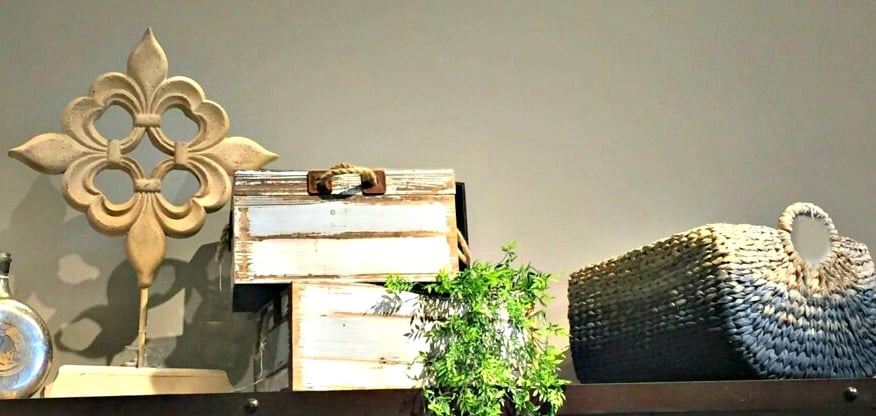 shelf decorated with neutral decorative objects and a green plant