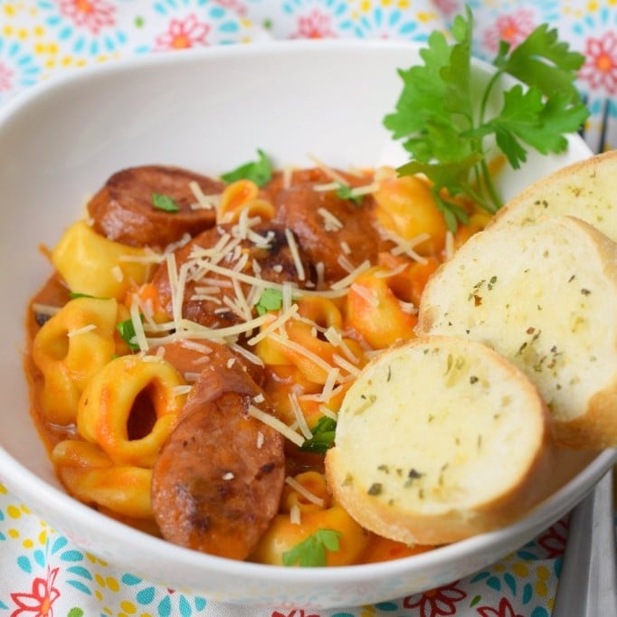 One Pan Creamy Tortellini & Sausage by Who Needs a Cape?