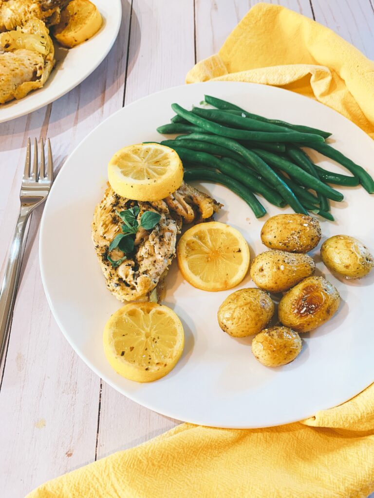 Instant Pot Lemon Chicken Recipe served with green beans and potatoes