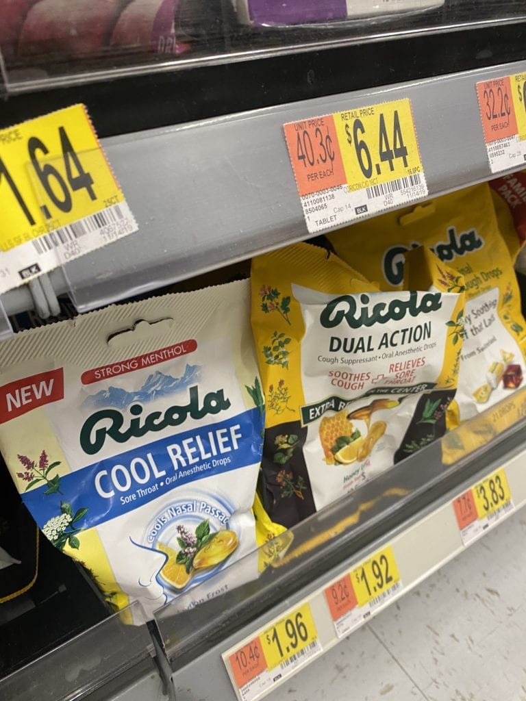 Ricola Cool Relief Drops on the shelf at Walmart