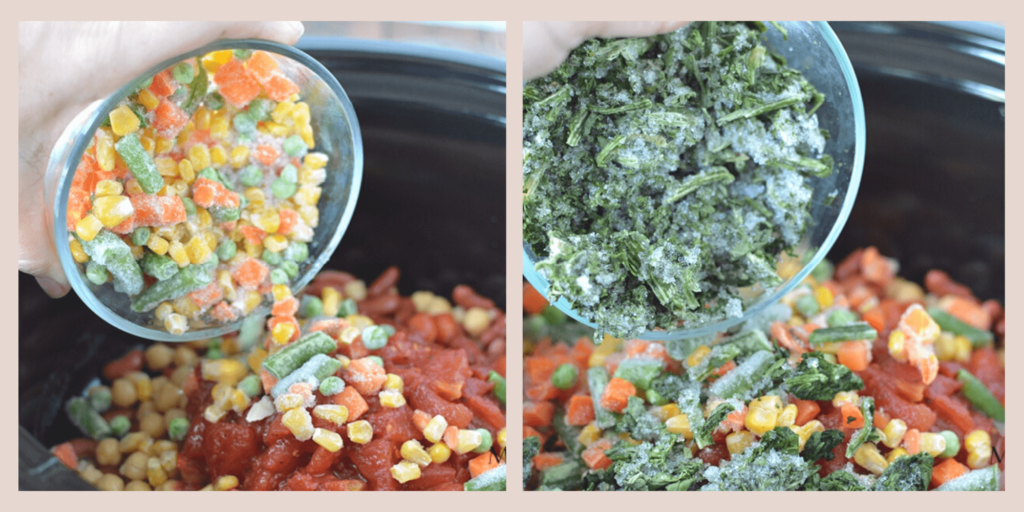 Adding vegetables into the soup mixture