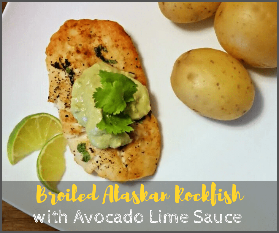 Broiled Alaskan Rockfish with Avocado Lime Sauce, garnish and potatoes