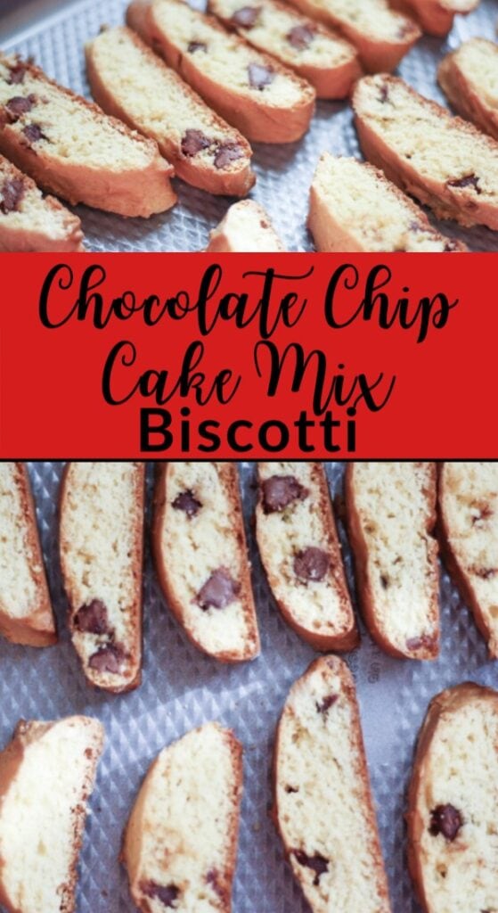 Chocolate Chip Biscotti made from a cake mix in slices for baking on a baking sheet