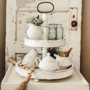 2 Tier White Distressed Tray