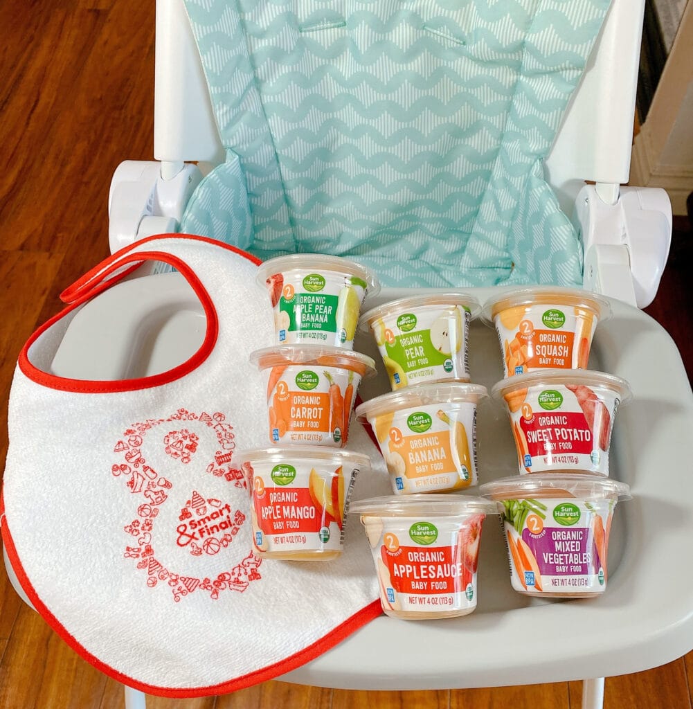 Sun Harvest Organic Baby Food on a high chair from Smart & Final