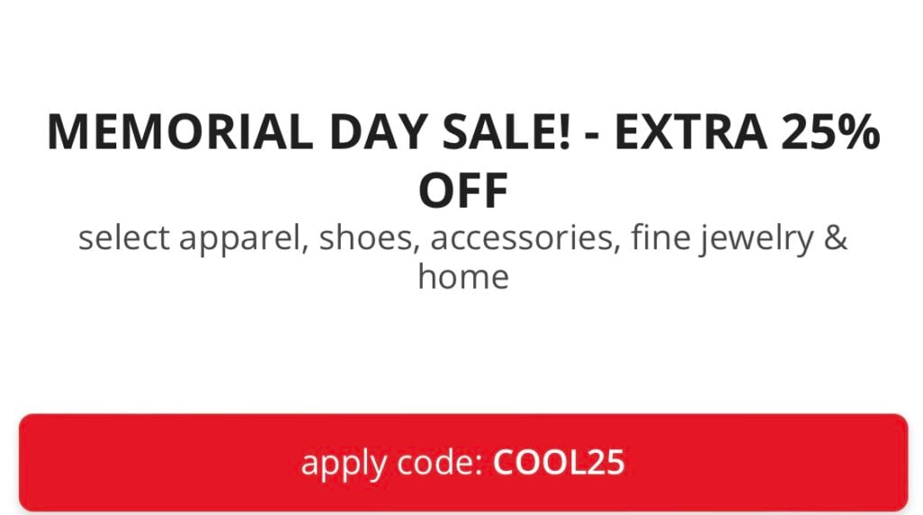 Memorial Day Sale Extra 25% off coupon from JCP
