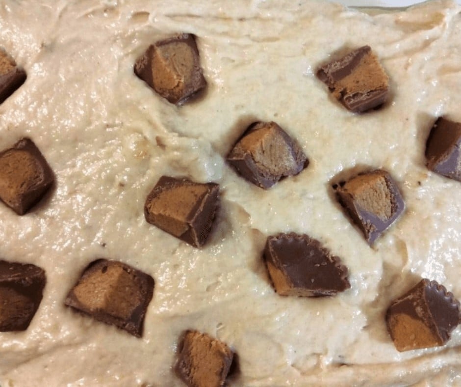 Adding Reese's to the Peanut Butter Banana Bread batter