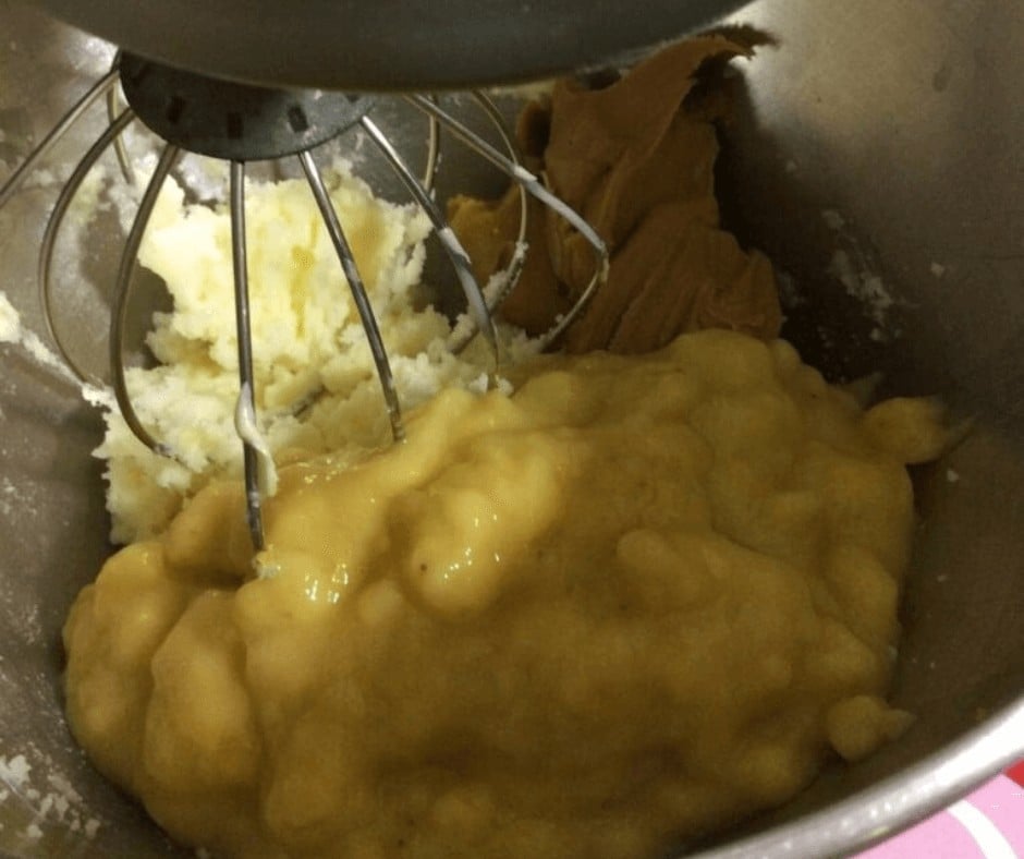 Mixing wet and dry ingredients for Peanut Butter Banana Bread