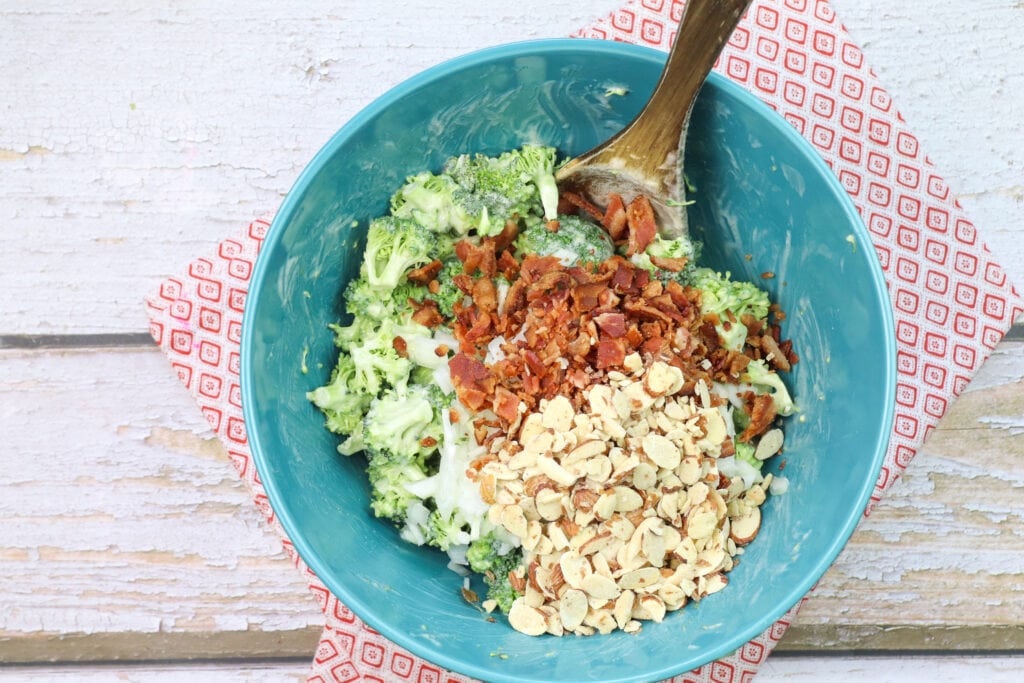 Broccoli Salad Recipe mixing the ingredients