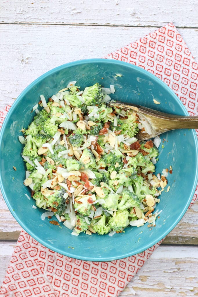 Broccoli Salad Recipe stirring finished salad