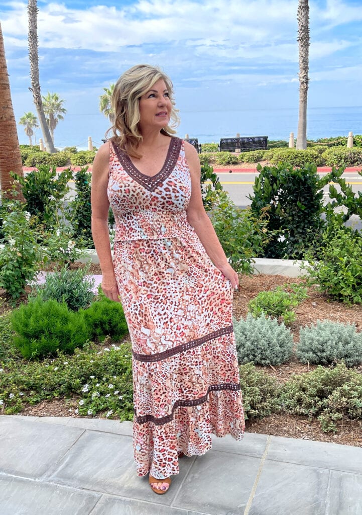 Sofia Vergara Lace Trim Neck Tiered Knit Maxi