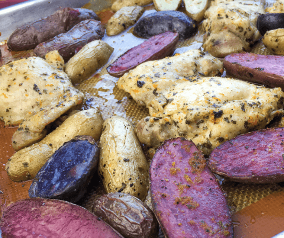 Marinated Chicken Thighs and Potatoes on a sheet pan