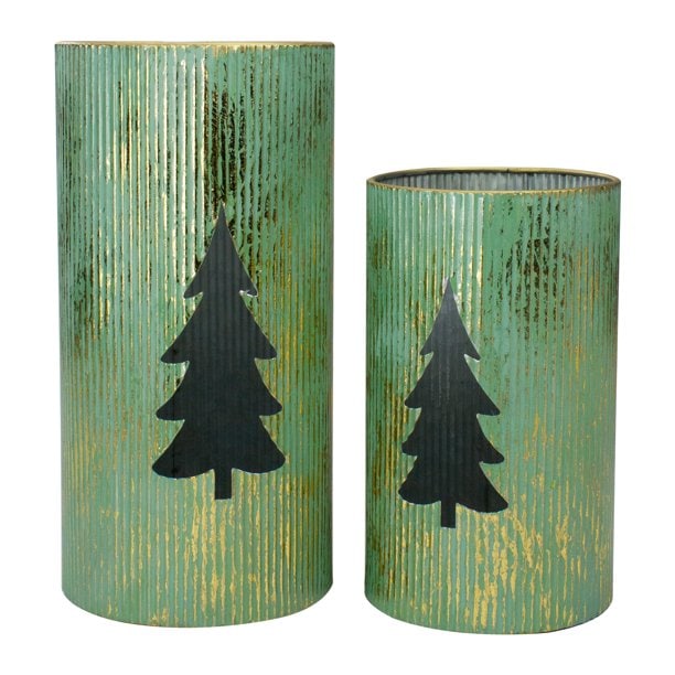 Set of 2 Rustic Green and Gold Christmas Tree Tabletop Lanterns Christmas Home Decor from Walmart