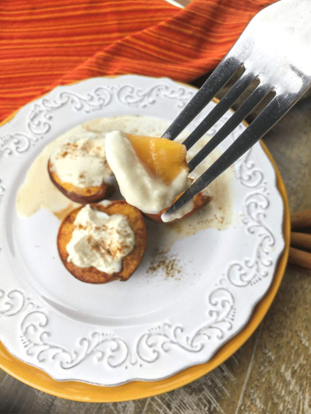 tasting the Balsamic Baked Peaches with a fork