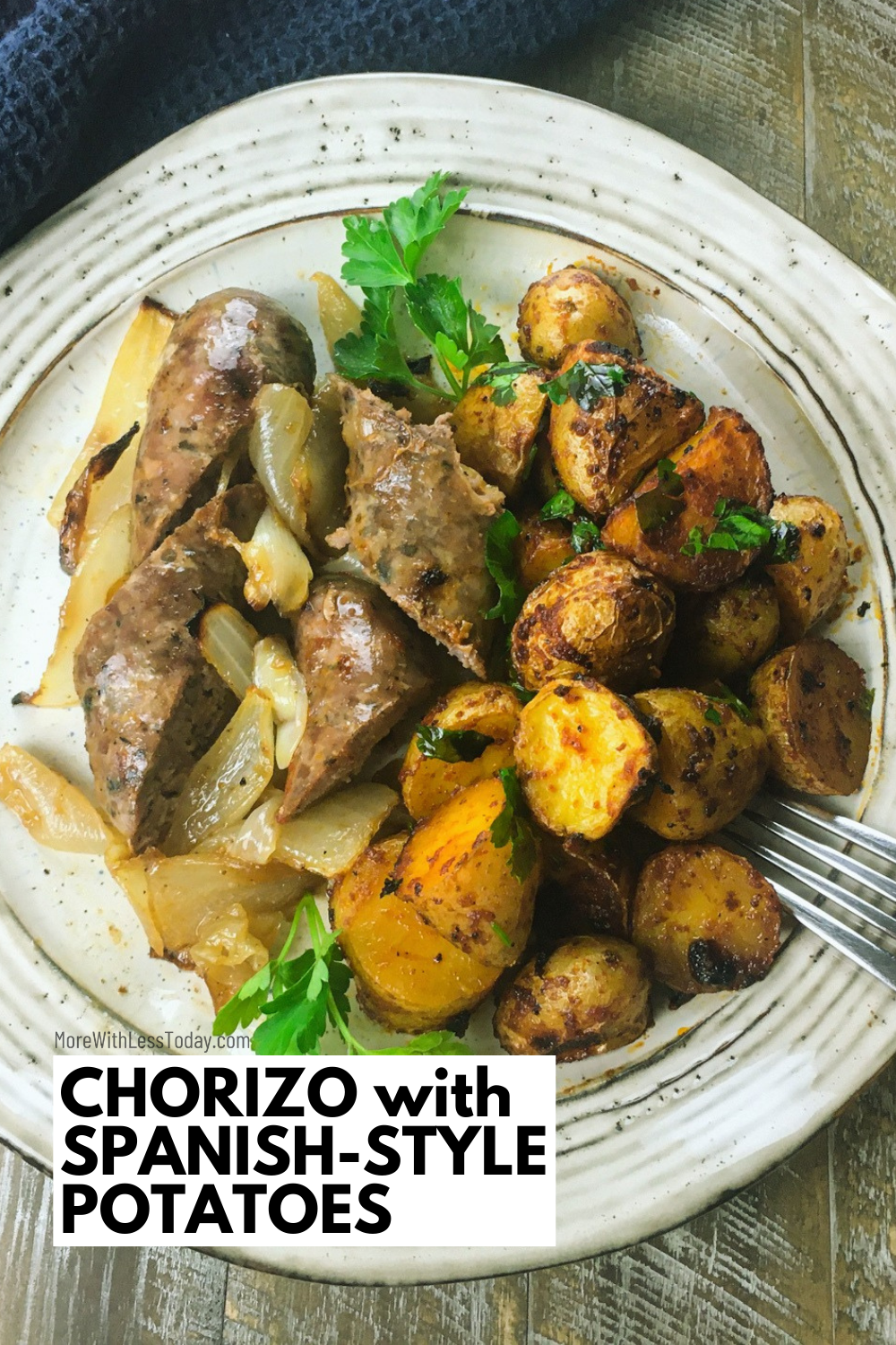 CHORIZO with SPANISH-STYLE POTATOES on a white dish with a fork