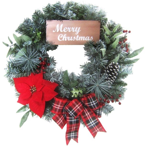 Fraser Hill Farm 24-in. Christmas Wreath with a Poinsettia Bloom, Bow, & Merry Christmas Wooden Sign Christmas Home Decor from Walmart