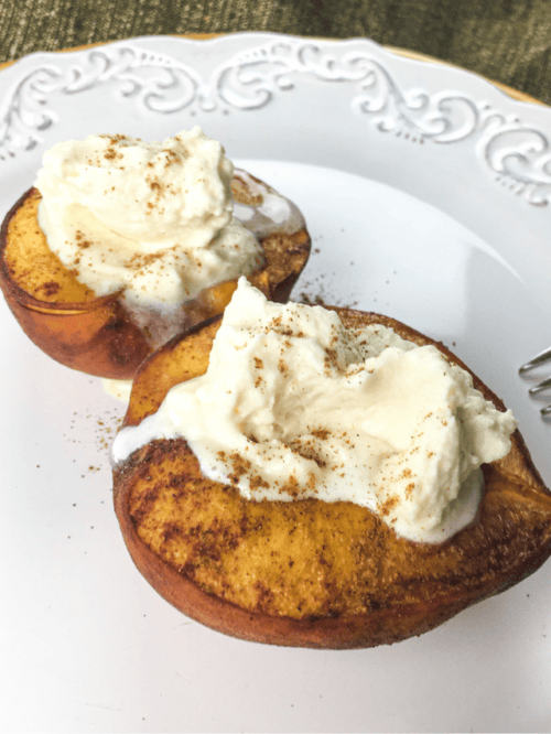 Baked Peaches with Balsamic Glaze and Whipped Cream Poster