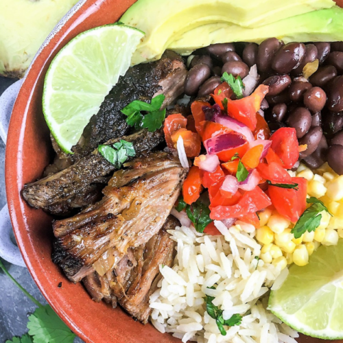 Easy Pork Carnitas Burrito Bowls Recipe Poster