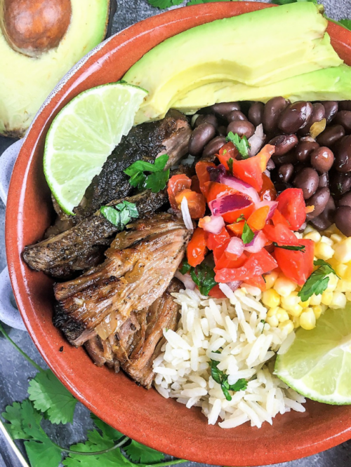 Easy Pork Carnitas Burrito Bowls Recipe Poster