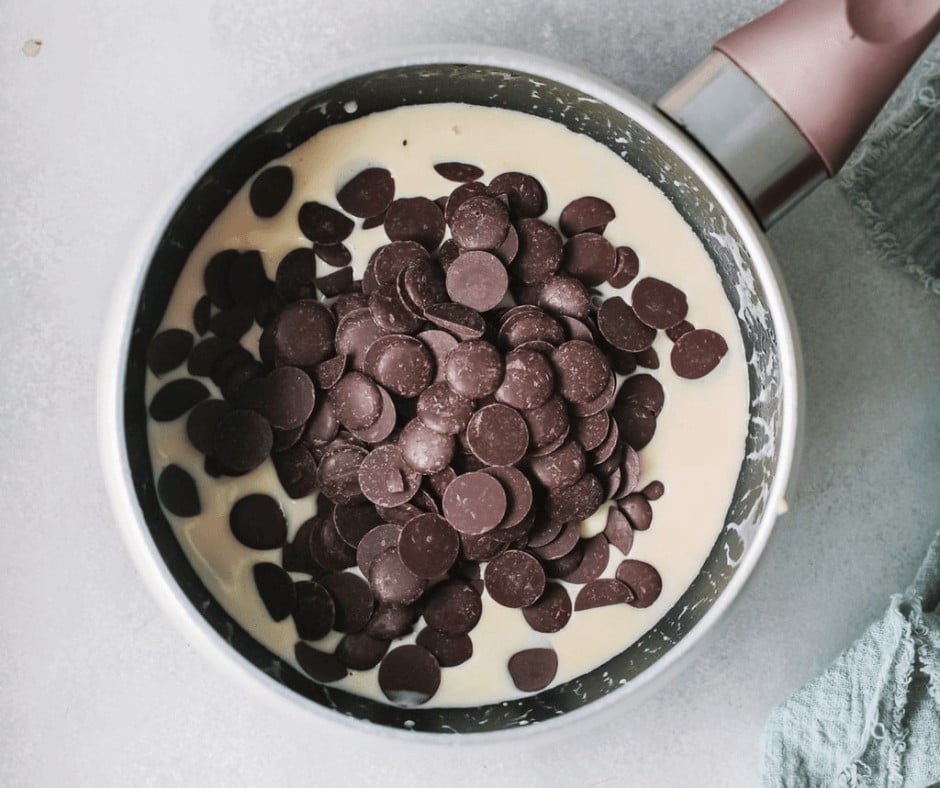 Melting the chocolate chips for the Boozy Chocolate Truffles