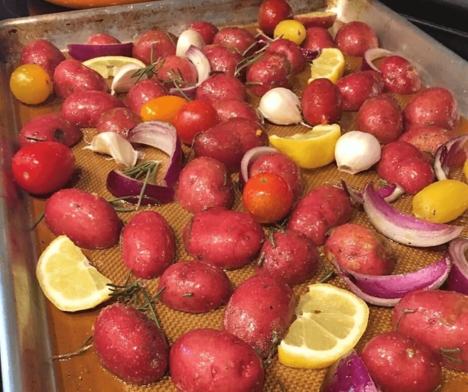 Roasted Potatoes, lemon and red onion on a sheet pan