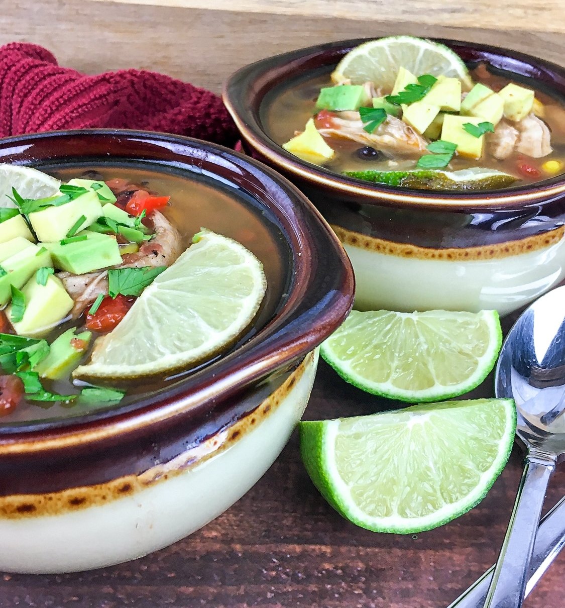 Close-up of two delicious bowls of Tex-Mex Chicken Black Bean Soup