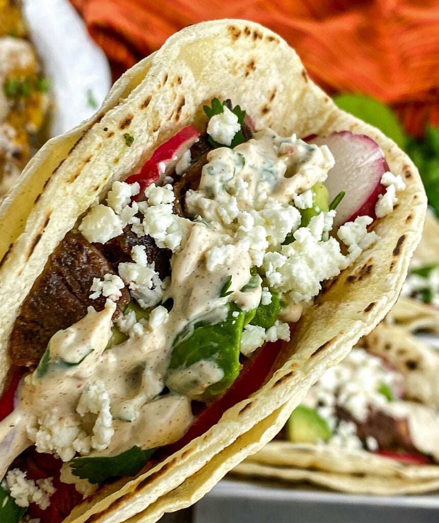 closeup of Delicious street taco with steak