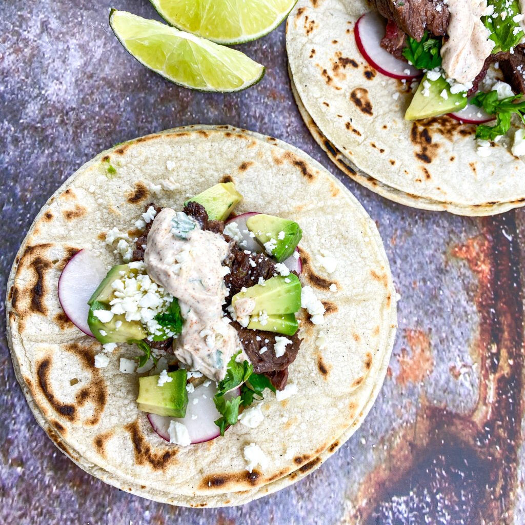 Mexican Steak Street Tacos Recipe o an open tortilla