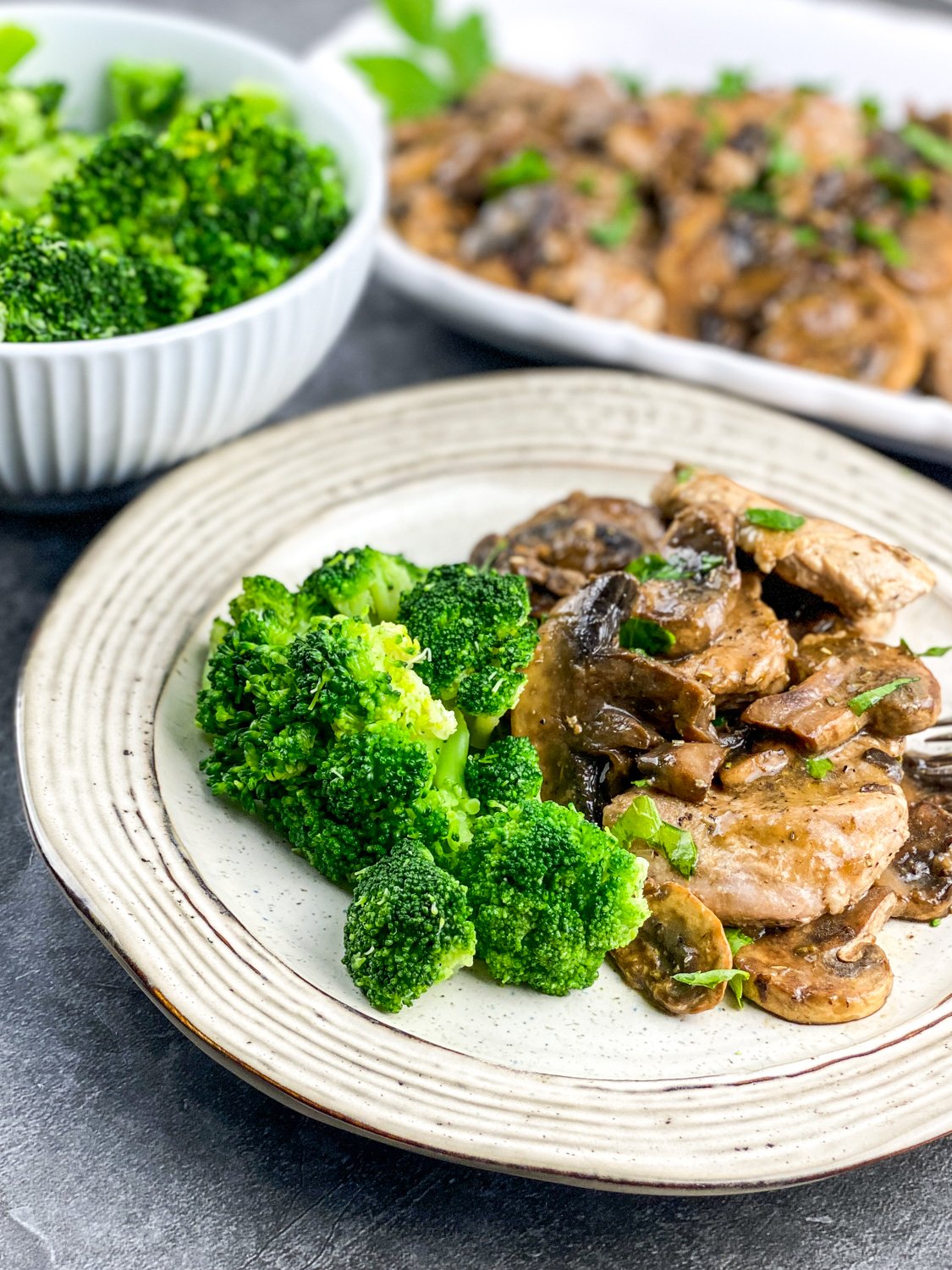 Pork Scallopini with Mushrooms on a white plate