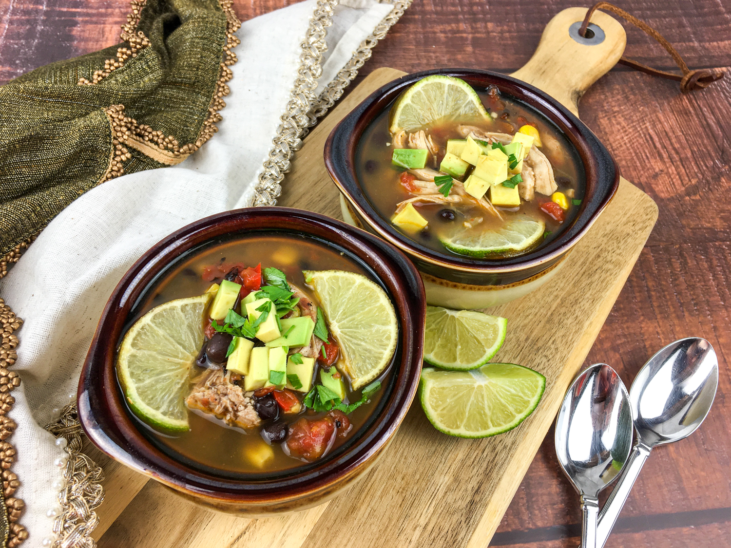 Tex-Mex Chicken Black Bean Soup on two soup bowls
