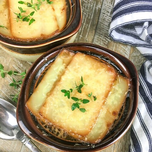 Two bowls of Gluten-Free French Onion Soup