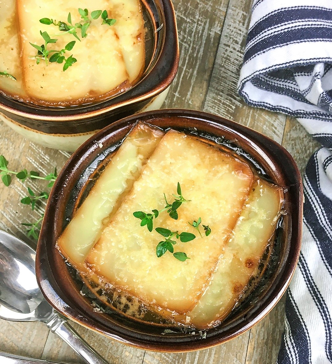 Two bowls of Gluten-Free French Onion Soup