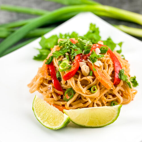 Vegetable Pad Thai on a white plate