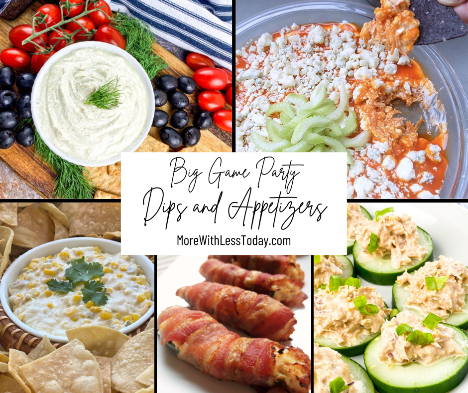 Big Game Party Dips and Appetizers collage of featured recipes