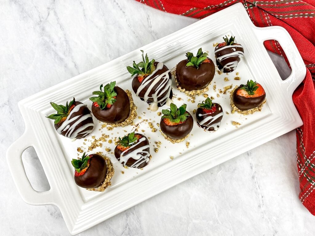 chocolate covered strawberries recipe on a white serving platter