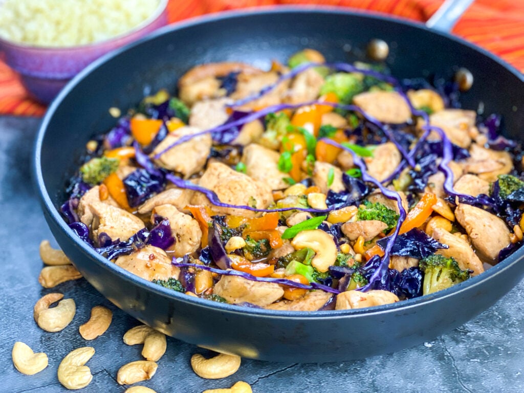 low carb chicken cabbage stir fry on a skillet