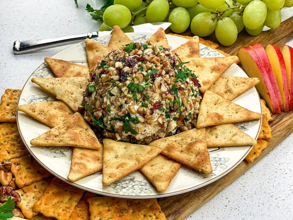 Cheese Ball Recipe with Orange and Cranberry on a white plate