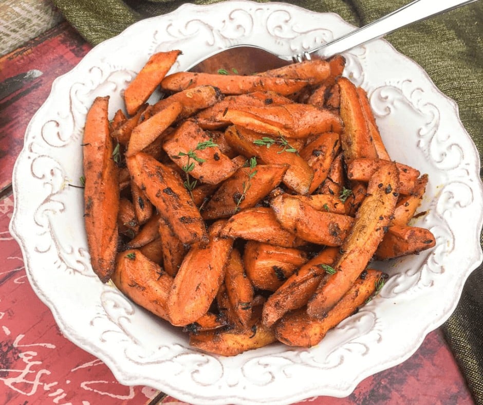 Easy Roasted Carrots with Curry on a serving bowl